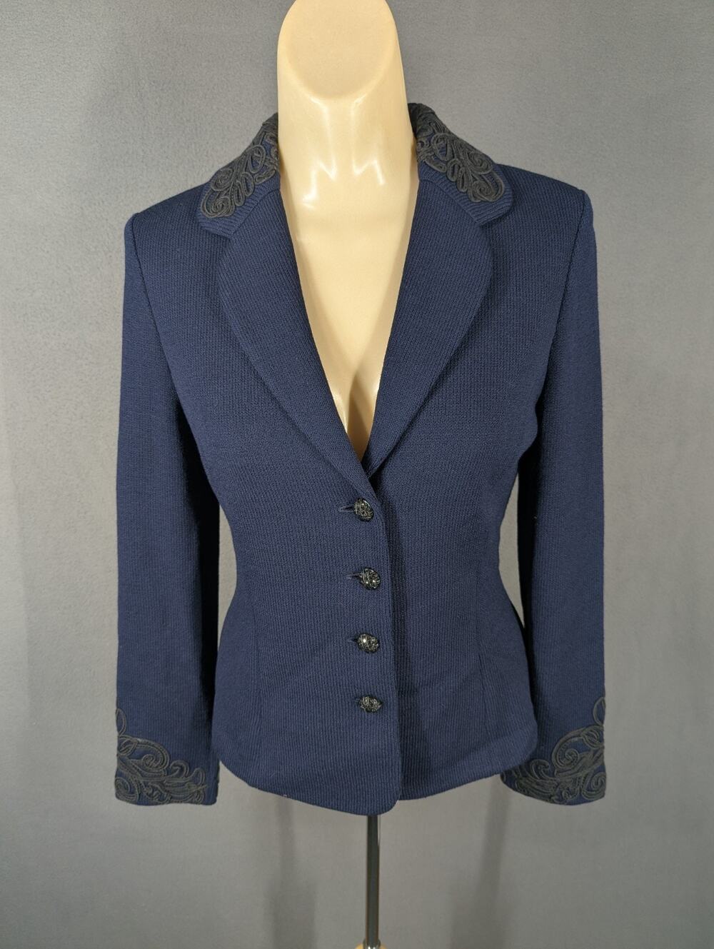 Vintage St John Evening Santana Knit Blazer Jacket 2 Navy Beaded Collar Wrist